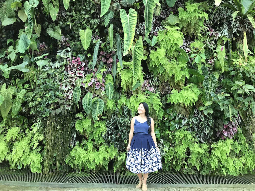 Auto-portrait devant un mur vegetal des Gardens by the Bay.