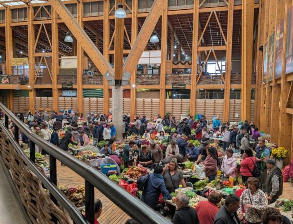 En cherchant quoi manger au Chili, on peut passer au mercado municipal ! Ici à Castro, sur l'Ile de Chiloé, les vendeurs de légumes au premier étage, et les restaurants populaires sur le pouce au second !